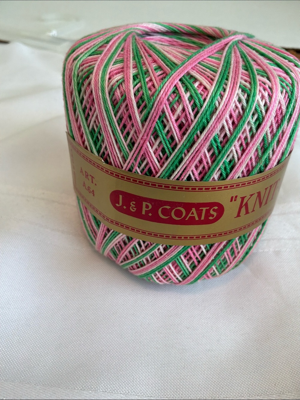 J.P.Coats knit-cro-sheen Pink & Green Crochet Thread Ball